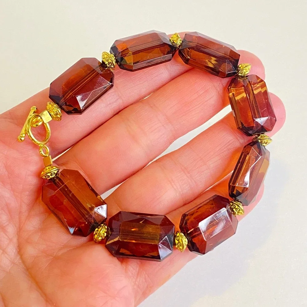Honey Brown Root Beer Chunky Faceted Acrylic Bead Bracelet Gold Tone Autumn Fall